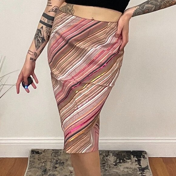 Y2K Missoni Striped Regular Pencil Skirt Back Zip Size 12 Pink - Picture 2 of 8